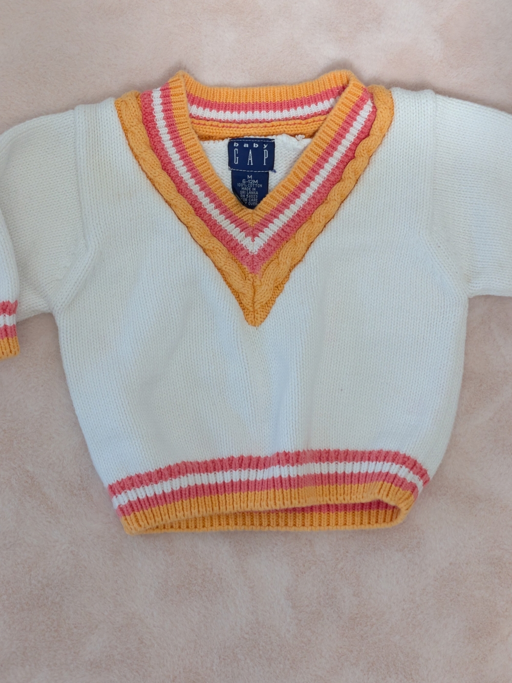 Vintage Baby Gap Cable Knit Cricket V-Neck Sweater Cream Orange Pink 6-12M